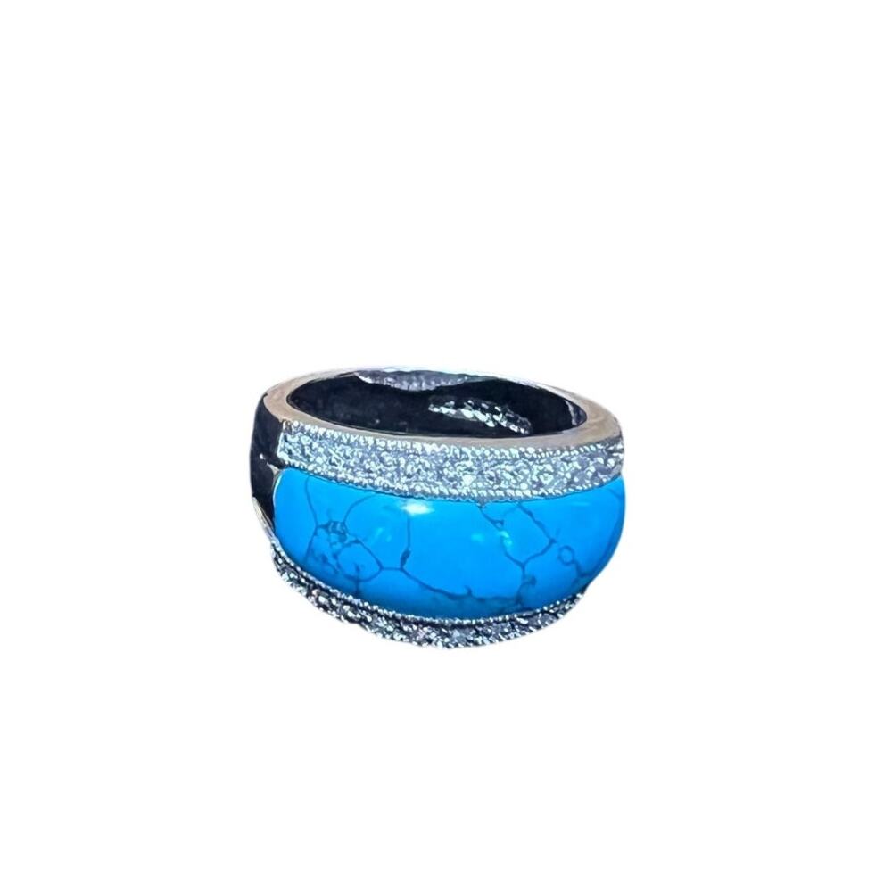 Lia Sophia Mesa/Premise Rhinestone Faux Turquoise Silver Tone‎ Dome Ring Sz 9